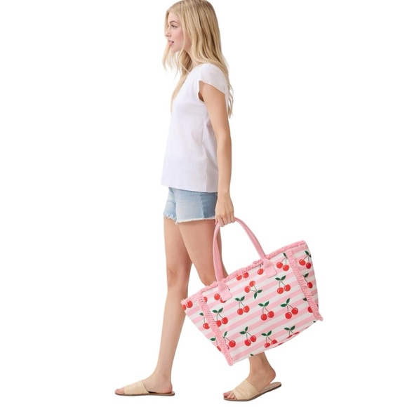 Red Cherries Cherry & Pink Striped Pinup Fringe Trim 14.5" Tote Beach Pool Bag - Picture 3 of 8